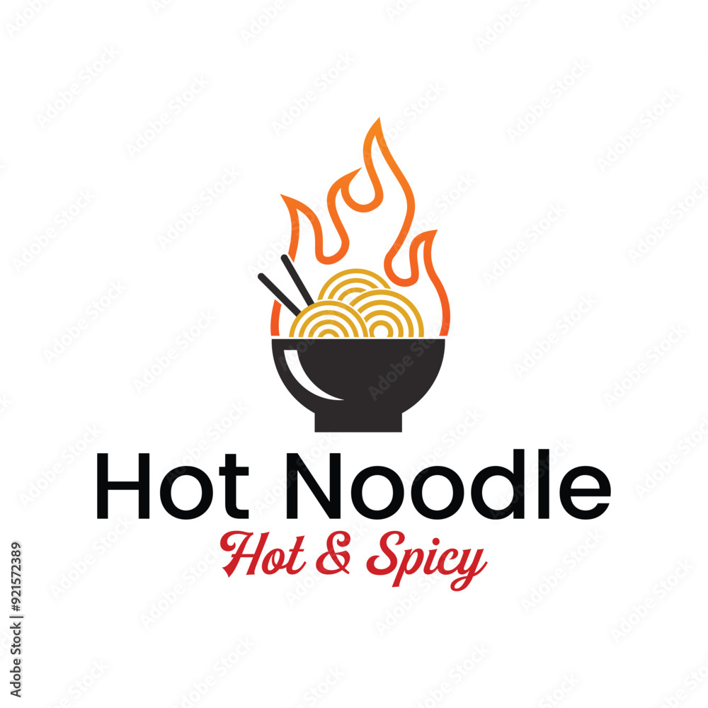 Vector spicy noodles in a bowl with chopsticks, chili peppers and hot fire. White background Vector spicy noodles in a bowl with chopsticks, chili peppers and hot fire. White background