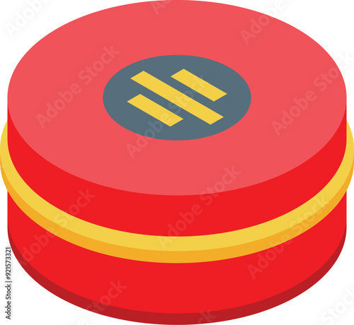 Round red tin box packaging with golden lines isometric view for design