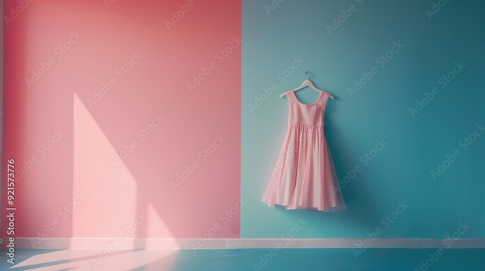 Fashionable woman in pink dress on blue and pink background Fashionable woman in pink dress on blue and pink background