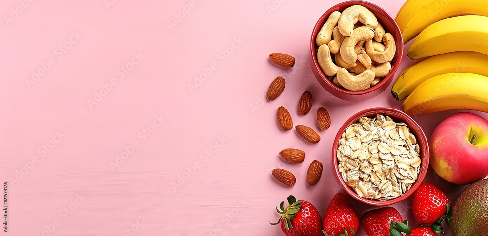 Two wooden bowls of almonds and oats with bananas, apples, and stawberries and almonds on a pink background Two wooden bowls of almonds and oats with bananas, apples, and stawberries and almonds on a pink background