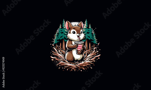 squirrel holding drink on forest vector illustration artwork design