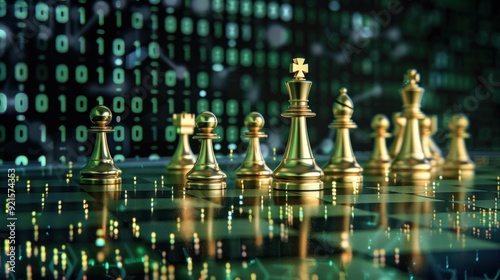 Golden Chess Pieces on a Digital Chessboard