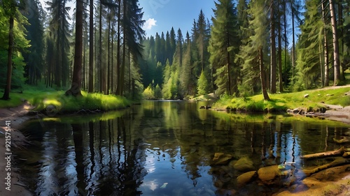 . The trees are reflected in the water's surface