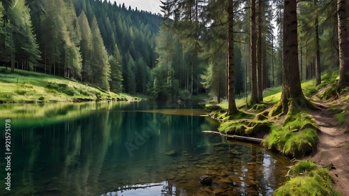 . The trees are reflected in the water's surface
