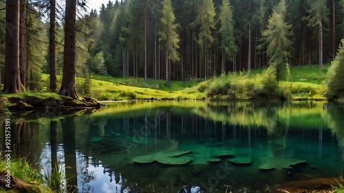 . The trees are reflected in the water's surface