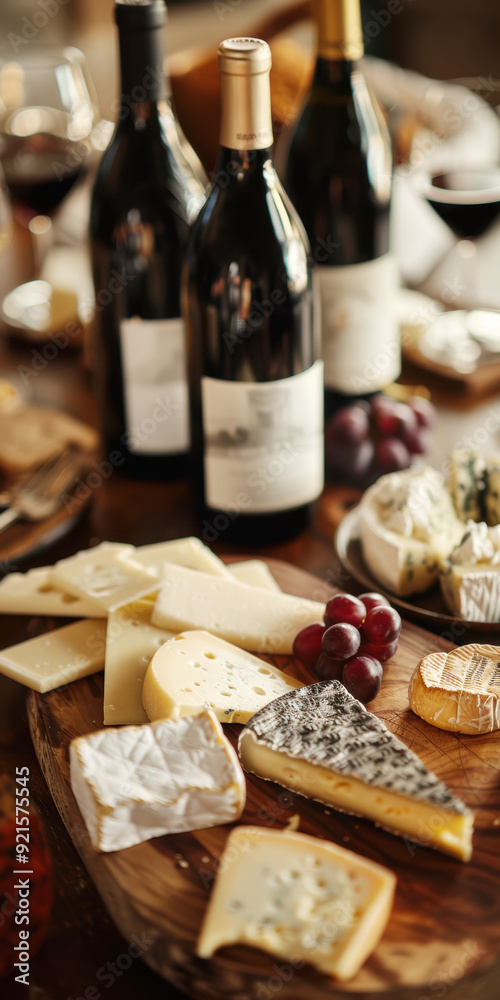 Wine bottles and wine glasses on the table and a cheese platter. AI generative. Wine bottles and wine glasses on the table and a cheese platter. AI generative.