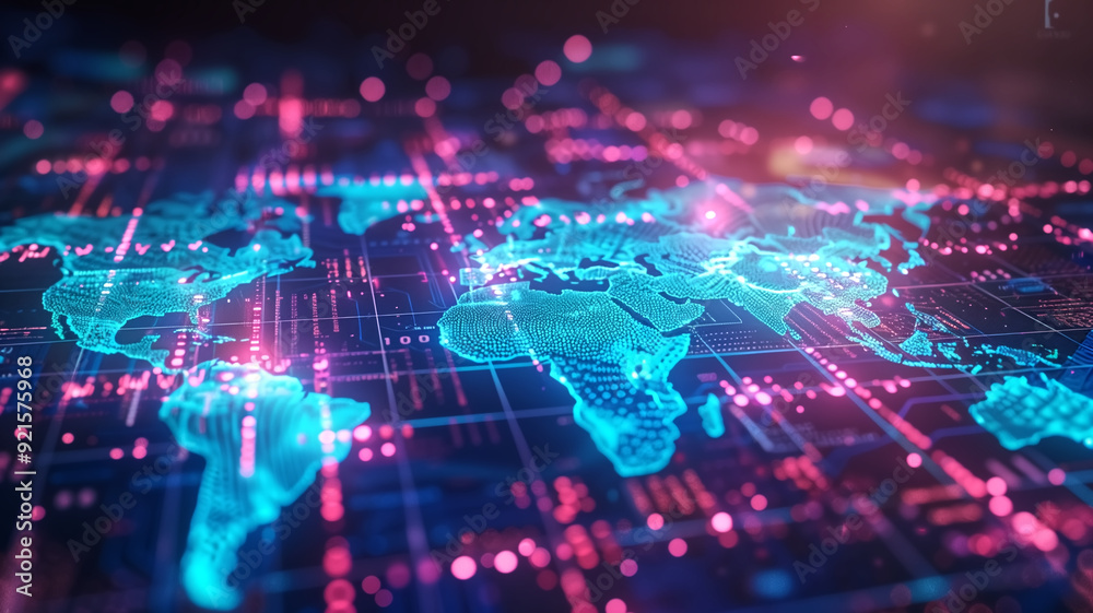 Futuristic Digital World Map with Glowing Data Points and Network Connections on a Dark Background Futuristic Digital World Map with Glowing Data Points and Network Connections on a Dark Background