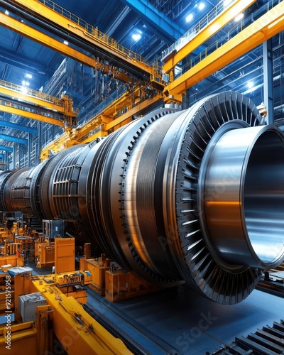 A detailed view of a large industrial turbine in a high-tech factory setting, showcasing advanced engineering and manufacturing.