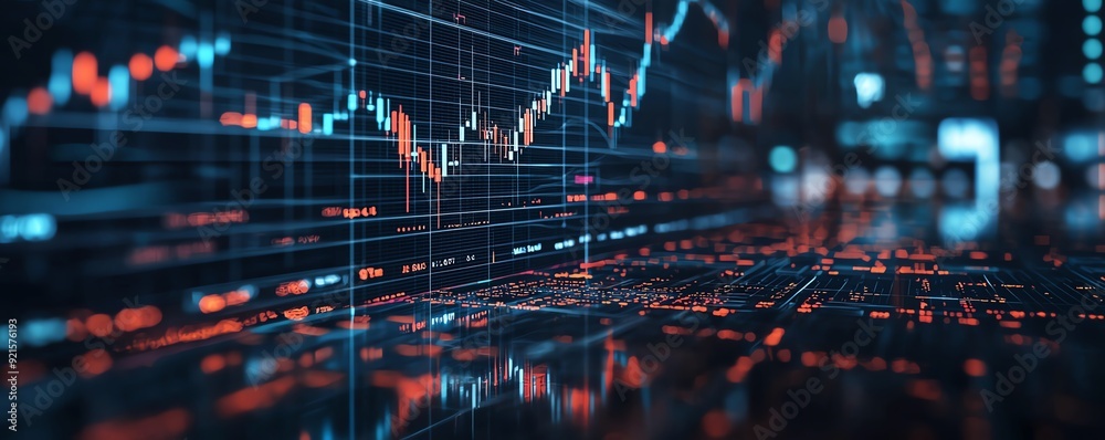 Dynamic digital stock market data and chart showing financial statistics and fluctuating trends in glowing blue and red colors. Dynamic digital stock market data and chart showing financial statistics and fluctuating trends in glowing blue and red colors.