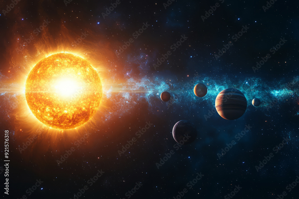 Planets are orbiting massive star in deep space. Planetary system and glowing star