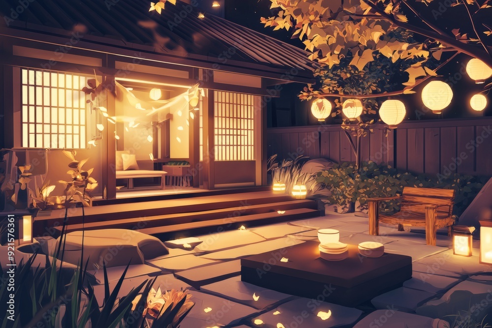 Fototapeta premium A calm backyard gathering with soft lighting and a comfortable setting. Cozy vibe, Generative AI