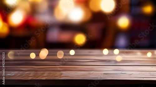 Cozy Wooden Table with Festive Bokeh Lights on Blurred Restaurant Background
