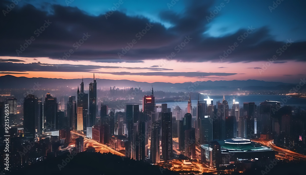 Fototapeta premium Sunset Over a City Skyline
