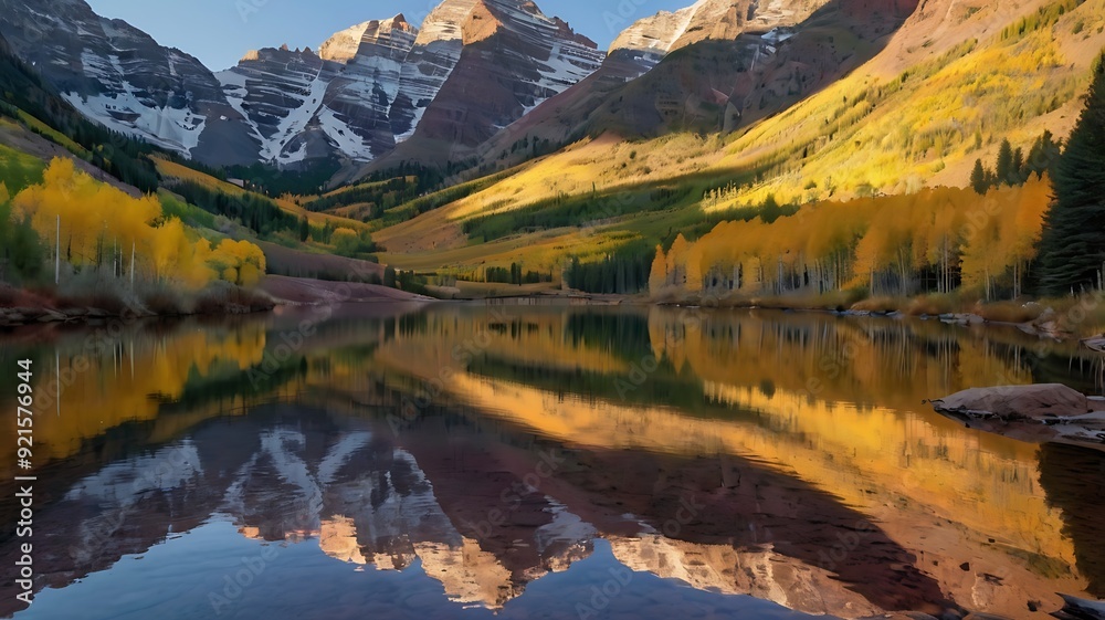 Fototapeta premium image shows a still lake with snow-capped mountains 