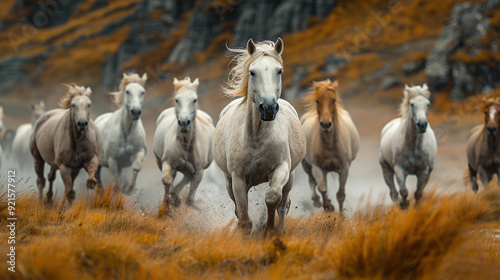 A wild Shire horse herd running across a rugged landscape,