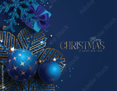 Merry christmas greetings card vector design. Christmas blue card with xmas balls, glitter snowflakes, gift box and flowers decoration elements in elegant background. Vector illustration holiday 
