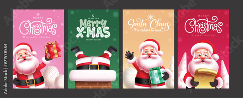Christmas card santa claus vector poster design. Christmas greetings card with santa claus holding git box, smiling, waving and reading wish list in colorful template collection. Vector illustration 
