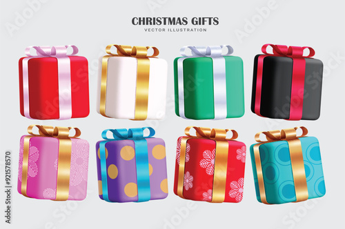 Christmas gifts colorful vector set design. Gift boxes in colorful, printed and pattern wrapper with glossy ribbon for surprise present collection. Vector illustration christmas gifts elements set.  

