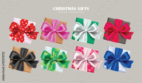 Christmas gifts colorful vector set design. Gifts boxes with colorful ribbon and lasso in top view elements collection for celebration surprise objects. Vector illustration xmas gift set design. 
