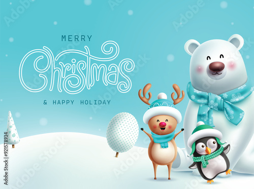 Christmas greeting card vector banner design. Merry christmas and happy holiday greeting text with polar bear, reindeer and penguin characters in snow winter background. Vector illustration happy 