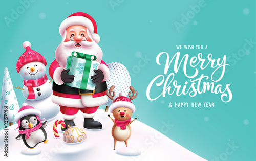 Christmas characters santa claus vector design. Merry christmas greeting text with santa holding gift box, snowman, penguin and reindeer cute characters in snow winter background. Vector illustration 