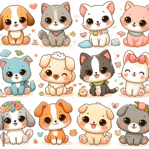 Adorable Cartoon Pet Collection Cute Cats, Dogs and Puppies