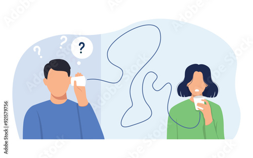 Miscommunication concept illustration. Miscommunicate unclear message and information concept. Businesswoman talking through messy chaos, tangled phone line make other confused.