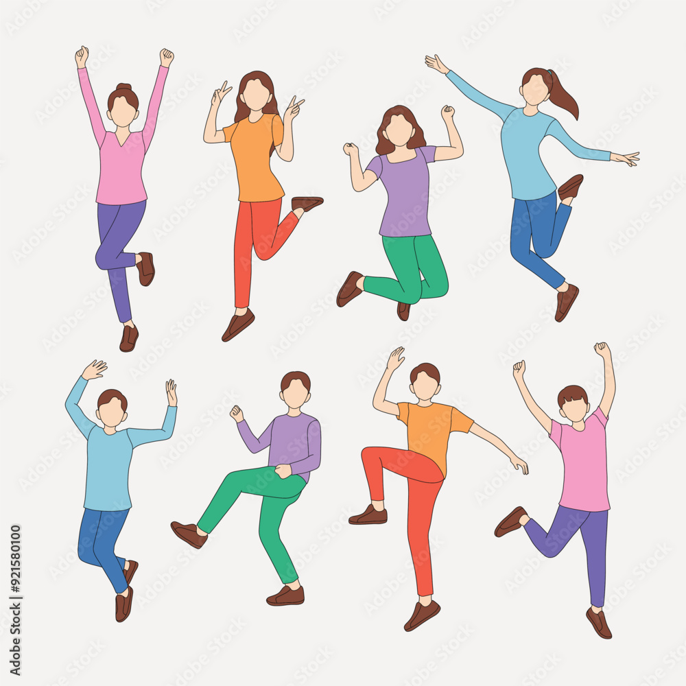 Group of Cartoon Characters Jumping in Joy Group of Cartoon Characters Jumping in Joy