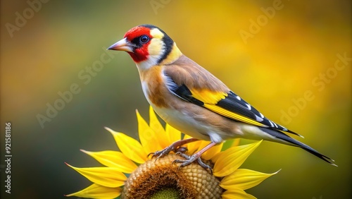 Vibrant goldfinch perches on a delicate sunflower petal, its bright yellow feathers and black cap a striking contrast against the soft, creamy background.