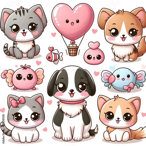 Adorable Cartoon Pets Collection with Heart Balloon, Perfect for Stickers, Cards, and Designs