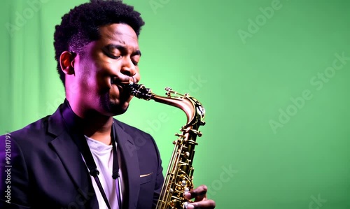 Chroma Green Screen Close-Up of Saxophonist Playing Saxophone