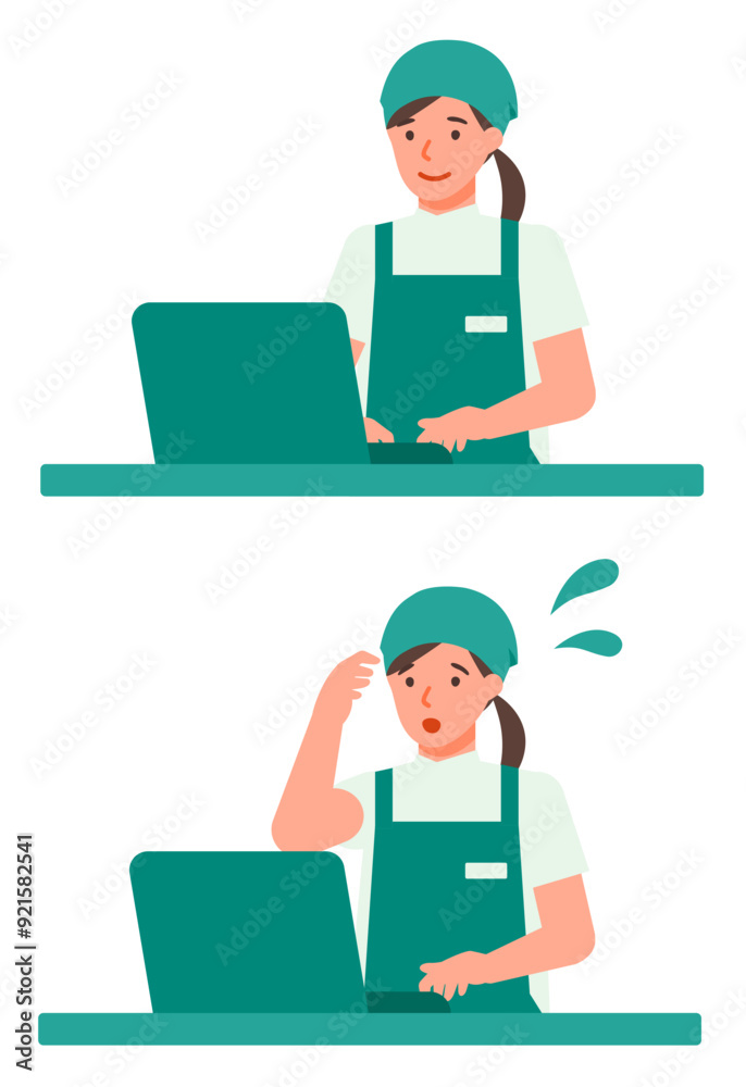 Working Woman. Concept for Problem Solving. Woman cartoon character. People face profiles avatars and icons. Close up image of PC Woman. Working Woman. Concept for Problem Solving. Woman cartoon character. People face profiles avatars and icons. Close up image of PC Woman.