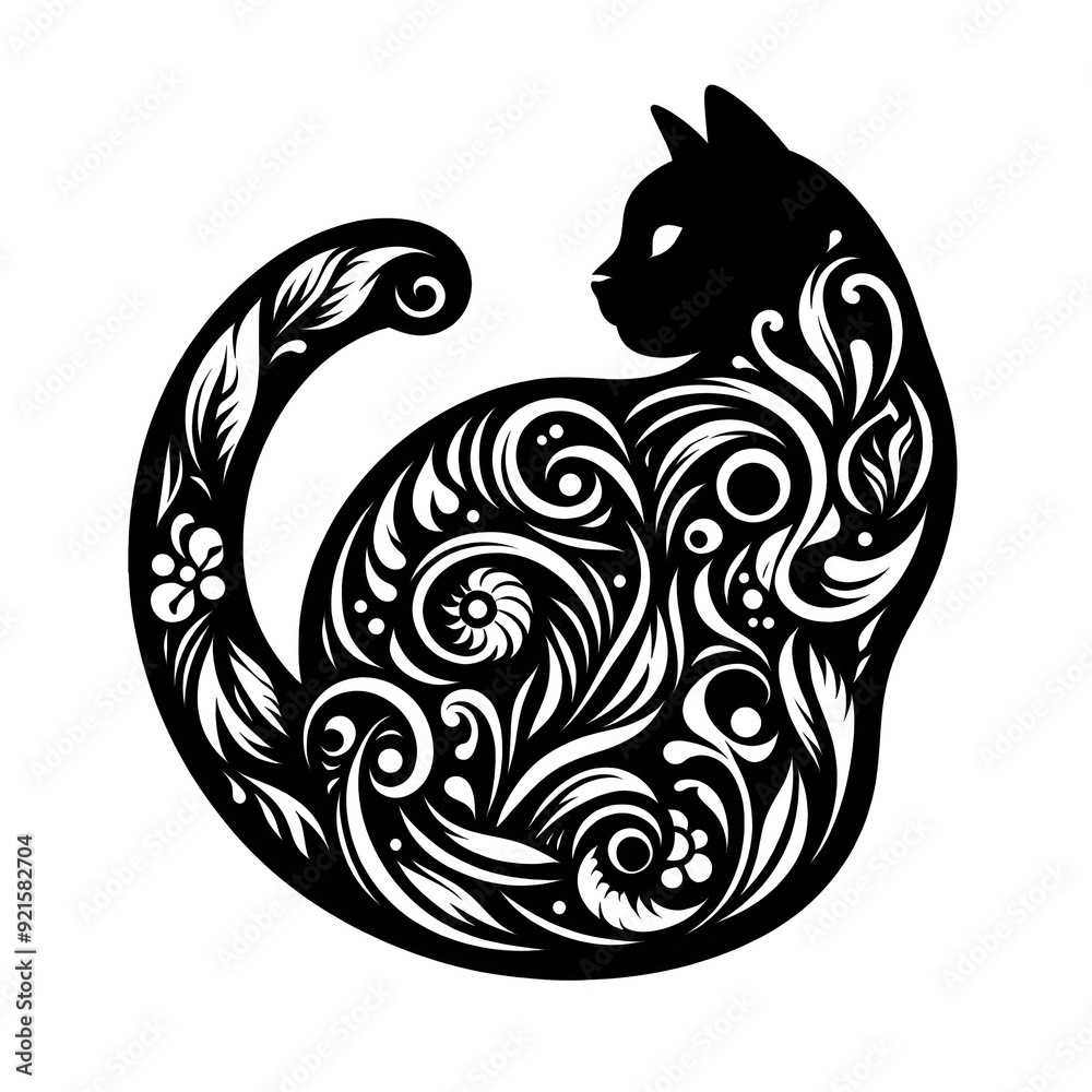 Ornate Black Cat Silhouette with Floral Design Ornate Black Cat Silhouette with Floral Design
