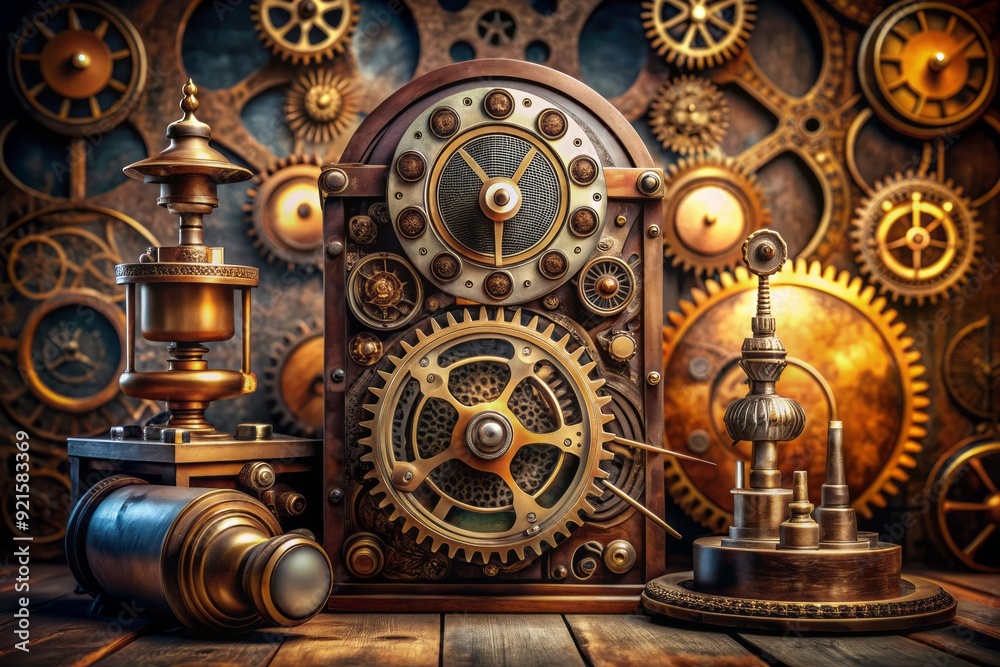 Analog clockwork time machine with gears, dials, and levers against a steampunk-inspired backdrop, evoking a sense of adventure and nostalgia for a bygone era. Analog clockwork time machine with gears, dials, and levers against a steampunk-inspired backdrop, evoking a sense of adventure and nostalgia for a bygone era.