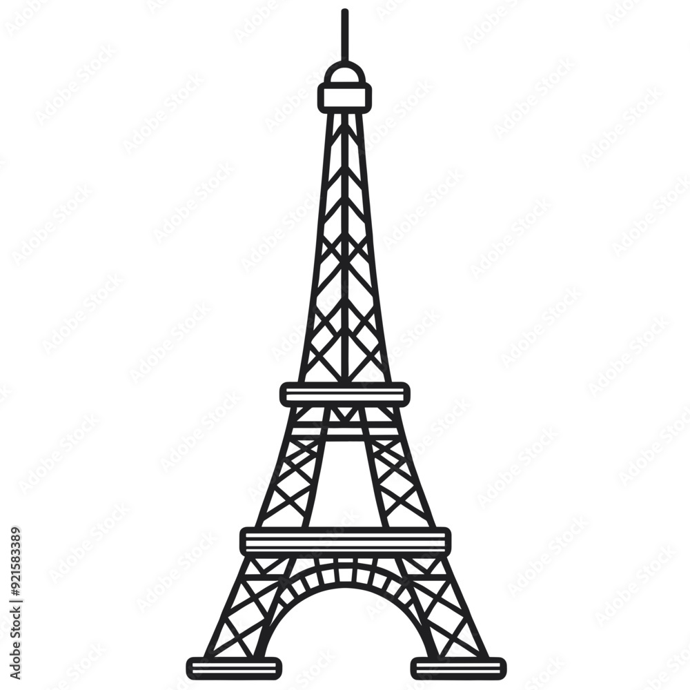 Minimalist Black and White Line Art of Eiffel Tower, Simple Iconic Representation of Paris Landmark on White Background