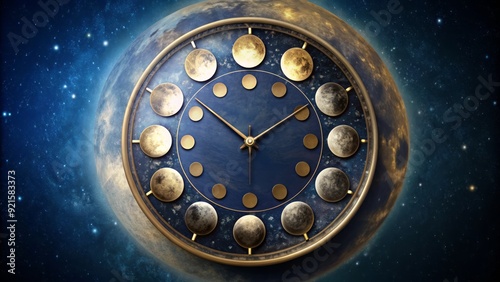 A beautiful and intricately designed clock face displaying the eight phases of the moon, from new moon to full moon, set against a dark blue background. photo