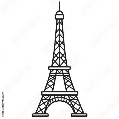 Minimalist Black and White Line Art of Eiffel Tower, Simple Iconic Representation of Paris Landmark on White Background photo