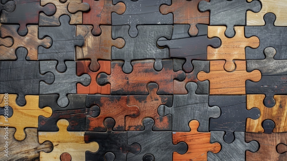 Wooden puzzle pieces are put together to form a complete picture.