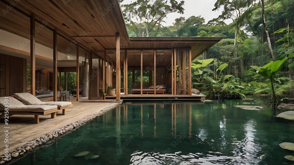 modern, wooden house with large windows sits modern, wooden house with large windows sits
