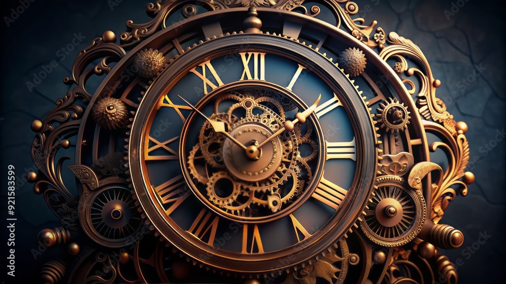 Obraz premium Analog clock with intricately carved Roman numerals and ornate gears showcased against a contrasting dark background, evoking a sense of vintage elegance and precision.