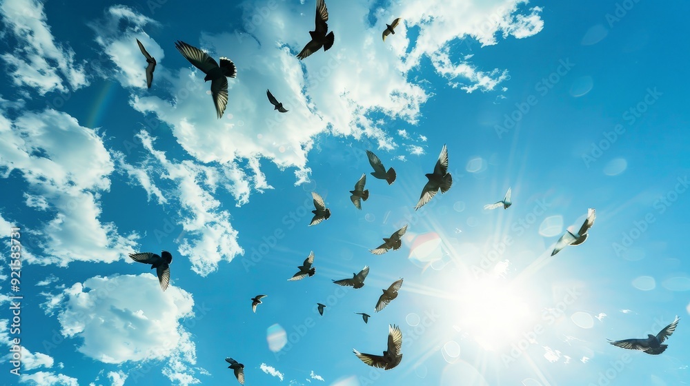 Obraz premium Birds glide effortlessly through the open sky, masters of flight and freedom.
