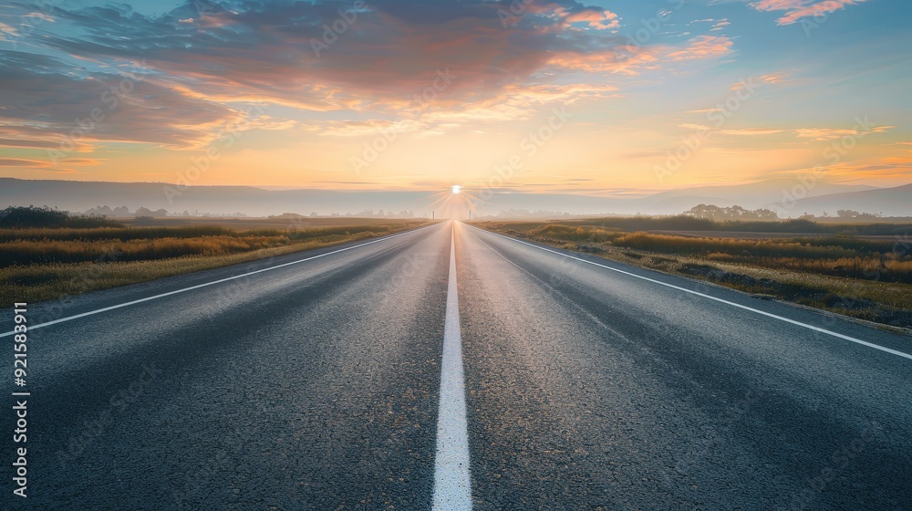 Capture a deserted highway at sunrise, with the sky glowing in soft hues and the road leading into the unknown. Capture a deserted highway at sunrise, with the sky glowing in soft hues and the road leading into the unknown.