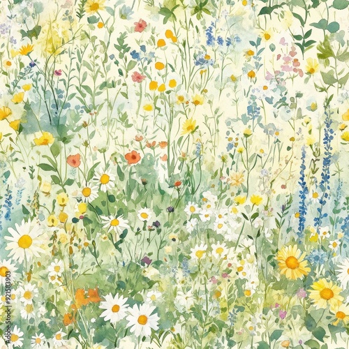 seamless pattern, A delicate watercolor painting of a serene meadow filled with blooming flowers in soft pastel hues