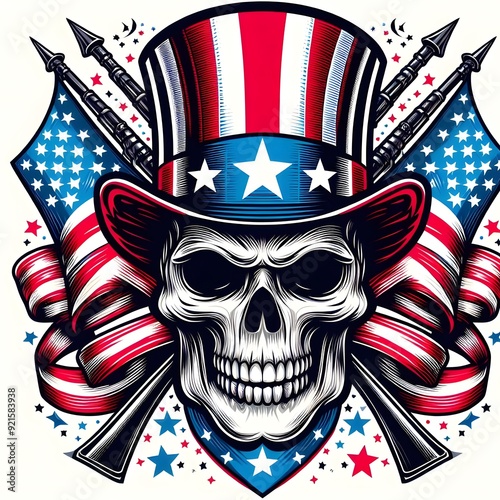 Skull in Uncle Sam Hat with American Flags and Guns