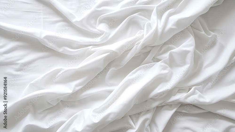 White Fabric Texture Background with Wavy Creases and Crumpled Bedclothes Fragment for Bedding and Textiles Design. White Fabric Texture Background with Wavy Creases and Crumpled Bedclothes Fragment for Bedding and Textiles Design.
