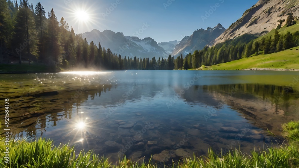 Fototapeta premium calm lake with snow-capped mountains reflected in the wate