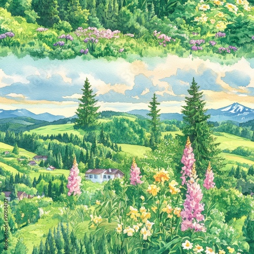 seamless pattern, A delicate watercolor painting of a serene meadow filled with blooming flowers in soft pastel hues
