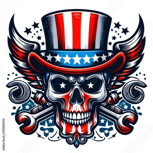 American Skull with Wings and Wrenches
