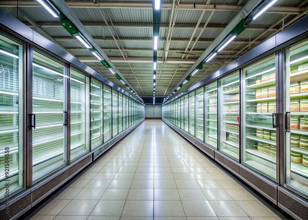 A long, deserted supermarket aisle lined with empty refrigerators and shelves under harsh fluorescent lighting, evoking a sense of abandonment and desolation. A long, deserted supermarket aisle lined with empty refrigerators and shelves under harsh fluorescent lighting, evoking a sense of abandonment and desolation.