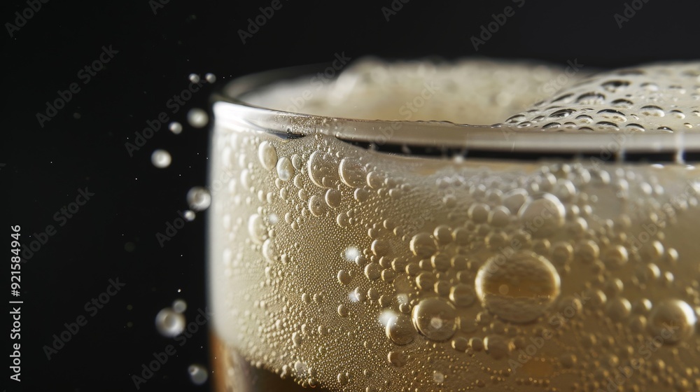 Capture the intricate details of beer foam as it rises in the glass, set against a stark black background to highlight the contrast and texture of the bubbles Capture the intricate details of beer foam as it rises in the glass, set against a stark black background to highlight the contrast and texture of the bubbles
